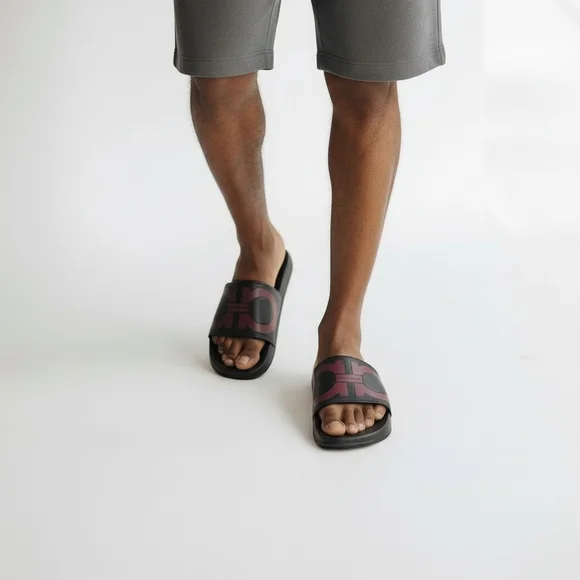 Men's FERRAGAMO Groove 2 Black and Maroon Gancini Pool Slide Sandals - Picture 3 of 10